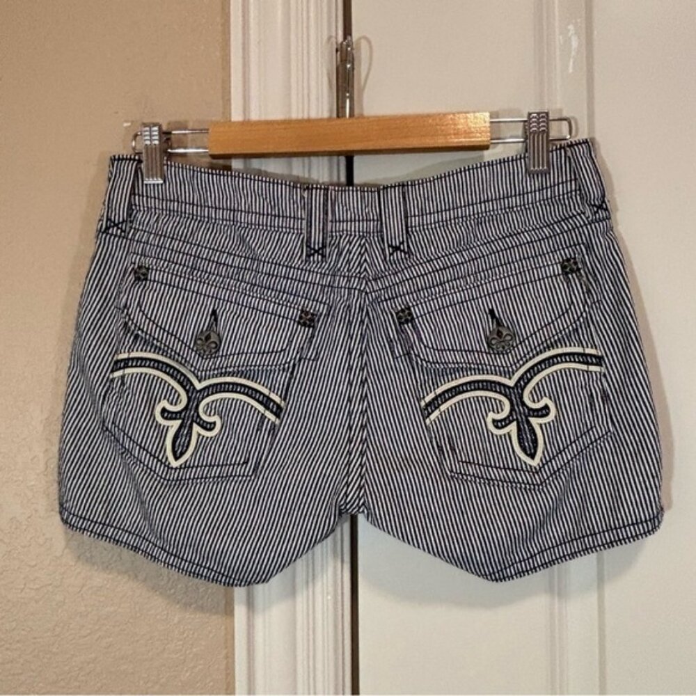 Rock Revival Buckle Fleur De Lis Flap Pocket Pin Stripe Denim Shorts Size 27